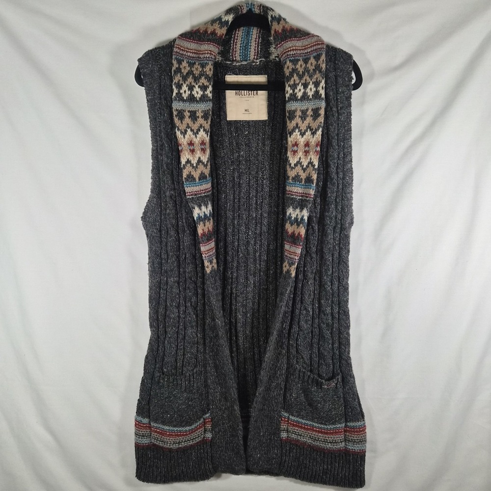 2000s Y2k Hollister Women's M/L Gray Fair Isle Wool Blend Long Sweater Vest